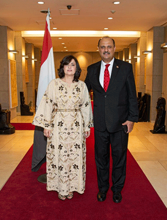 Ambassador and Mrs. Amal Nosseir of Egypt in Seoul (right and left) celebrating the Egypt National Day at the Official Residence in Seoul in July 2019.