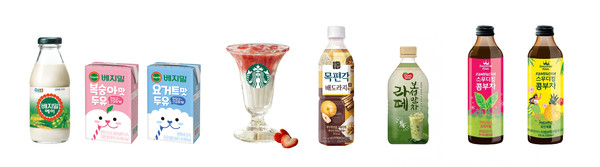From the left, Dr. Chung’s Food’s ‘Vegemil A’, ‘Vegemil Peach-flavored Soy Milk’, and ‘Vegemil Yogurt-flavored Soy Milk’, Starbucks Coffee Korea’s ‘Lovely Strawberry Latte’, Haitai htb’s ‘Mokpyeongak Pear&Bellflower Root Tea’, Dongwon F&B’s ‘Boseong Matcha Latte’, and Emart24’s ‘two Smoothie King Kombucha brands’
