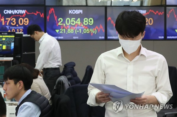 This photo shows the trading room of Hana Bank in downtown Seoul on Feb. 27, 2020. The benchmark Korea Composite Stock Price Index (KOSPI) decreased 21.88 points, or 1.05 percent, to close at 2,054.89. (Yonhap)