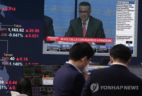 This photo, taken on March 12, 2020, shows a dealing room of KB Kookmin Bank in Seoul.