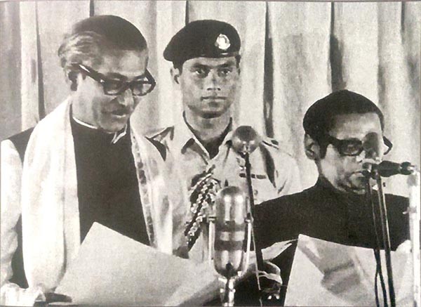 Bangabandhu Sheikh Mujibur Rahman takes oath as the Prime Minister of a free and independent Bangladesh (January 12, 1972).