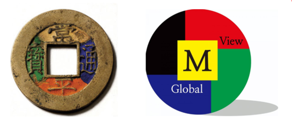 (Left) The money of Joseon Dynasty named SangPyoungTongBo (Right) The Company Logo of M.Veiw Global