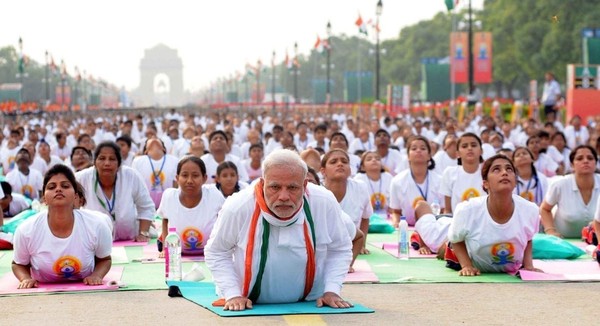 Another picture showing Prime Minister Modi of India leading a Yoga practice event.