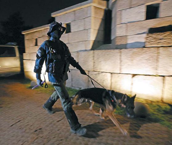 A policeman with a searching dog is at work trying to locate the whereabouts of the mayor Park.