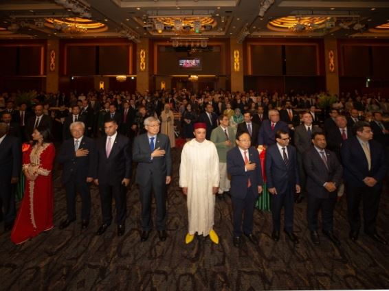 Ambassador Rachadi of Kingdom of Morocco (sixth from left, front row) poses with other ambassadors and a representative from the Korean government at the celebration venue of the 20th Anniversary of His Majesty King Mohammed VI’s Accession to the Throne held at Lotte Hotel