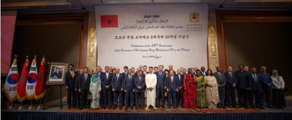 Moroccan National Day celebration in 2019. Ambassador Chafik Rachadi of Kingdom of Morocco (seventh from left, at the front row) poses with the Korean government representatives and other ambassadors from various countries of the world at the celebration of the 20th anniversary of King Mohammed VI’s Accession to the Throne at the Lotte Hotel in Seoul on July 31
