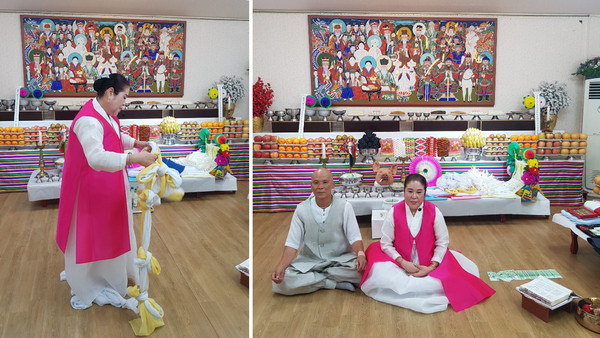 Left photo shows Choyeon Yaksabosal preparing for 'Gut' (traditional Korean folk religious rite for good luck and protection from ill fate), Right photo shows her offering prayer with a make practitioner.