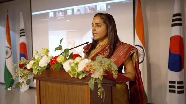 Ambassador Sripriya Ranganathan of India in Seoul speaks at a meeting on the occasion of the National Day of India in Seoul on Aug. 15, 2020.