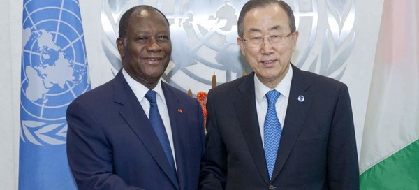 Photo shows President Alassane Ouattara of Cote d’Ivoire (left) with Secretary-General Ban Ki-moon who was formerly the minister of foreign affairs of the Republic of Korea.