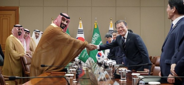 President Moon Jae-in (right) shakes hands with Crown Prince Mohammed bin Salman (left, foreground) ahead of the G20 Summit on June 27, 2019. Relations between Korea and Saudi Arabia date back to the United Silla Dynasty in Korea (AD 676-935).
