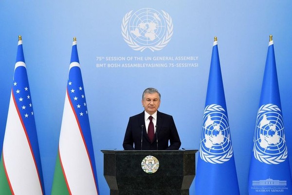 President Shavkat Mirziyoyev of the Republic of Uzbekistan speaks at the 75th Session of the United Nations General Assembly on Sept. 23, 2020.