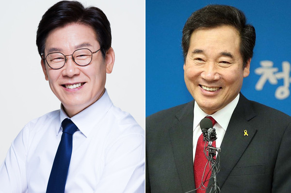 (Left) Lee Jae Myung Governor of the Gyeonggi Province. Lee is the front-runner in the polls of Korea’s next President.(Right) Chairman Lee Nak-yon of the ruling Democratic Party. Lee is closely following Governor Lee in the Presidential polls. The two Lees have been swapping the first place in the polls on Korea’s next President.