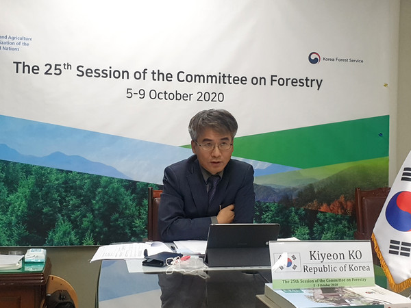 유엔식량농업기구 산림위원회의(10월 2일~12일)에서 고기연 산림청 국제산림협력관이 FAO COFO에서 토론하는 장면
