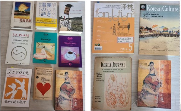 Some of the novels written by Novelist Han Malsook.(left) / More novels of Novelist Han published in foreign countries.(right)