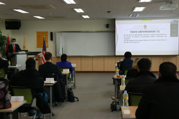 Ambassador Alnuaimi (standing at left) delivers a lecture to the students at George Mason University in Incheon.