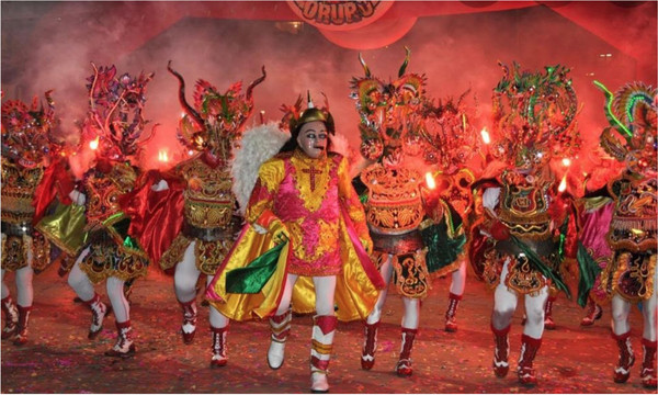 A traditional folk art performance of Bolivia wearing legendary figure masks, called Oruro Carnival