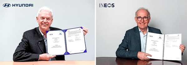 Albert Biermann (left), head of Hyundai Motor's research and development division, and Peter Williams, INEOS CTO, attend a business agreement ceremony held online./ Courtesy of Hyundai Motor