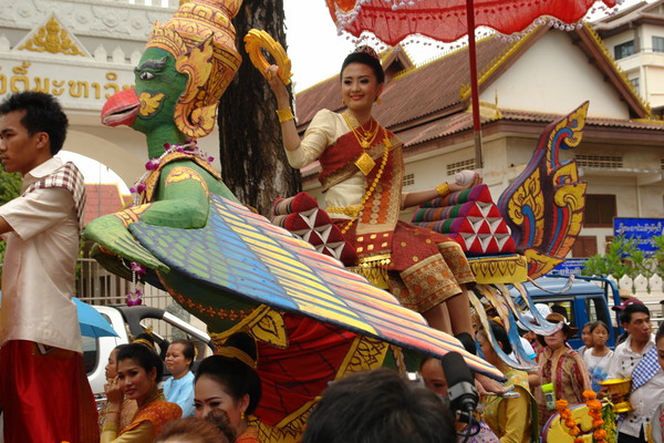 A Lao beauty rides on a legendary bird on the Lao New Year Festival