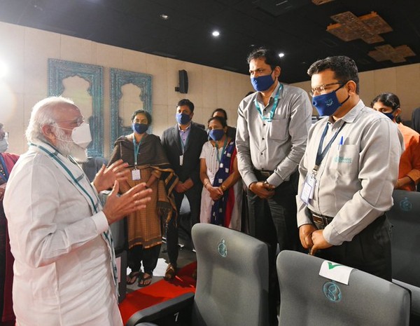 PM Modi was briefed about their indigenous COVID-19 vaccine at the Bharat Biotech facility in Hyderabad./ Source: PM Modi's Twitter