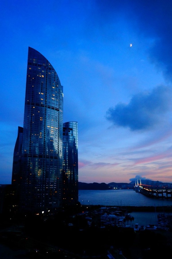 A night view of the I-Park Building in Haeundae District in Busan.
