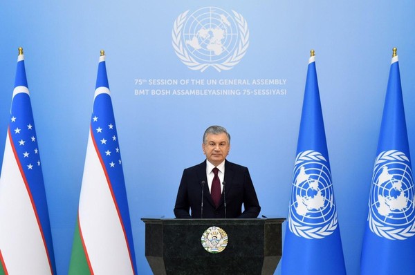 President of the Republic of Uzbekistan H.E. Mr. Shavkat Mirziyoyev gives speech at the 75th Session of the United Nations General Assembly on September 23, 2020.