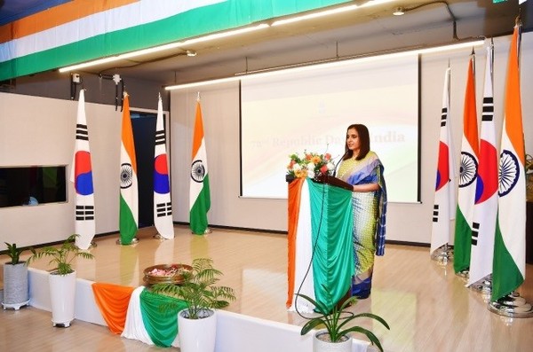 Ambassador Ranganathan of India (behind rostrum) speaks on the Republic Day of India.