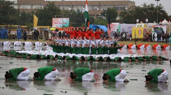 Trainee of Haryana police from Madhuban training centre performing during 68th Republic day celebration at Parade Ground in sector-5, Panchkula on Thursday.