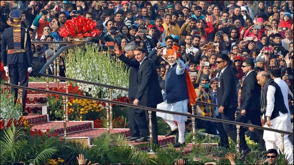 Prime Minister Narendra Modi with Brazil's President Jair Bolsonaro and President Ram Nath Kovind as they arrived to attend the Republic Day parade in New Delhi, on January 26, 2020.
