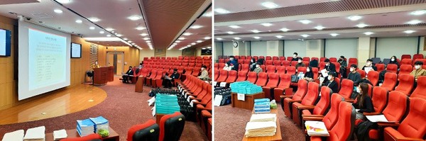 지난 1월 18일, SK서린사옥에서 진행된 2021년 SK이노베이션 신입사원 연수 현장(코로나19 감염 예방을 위해 그룹별로 나눠 진행한 것은 물론, 자리를 띄어 앉았다.)