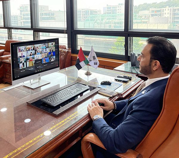 Ambassador Abdulla Saif Alnuaimi of the UAE in Seoul at tele-conference at his Embassy in Seoul
