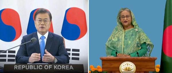 문재인 대통령 (왼쪽)과 방글라데시 셰이크 하시나 총리 (오른쪽). 방글라데시는 세계에서 가장 한국에 호의적인 나라 중 하나이다.