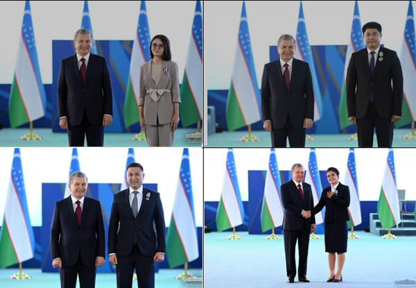 President Mirziyoyev of Uzbekistan (left in all photos) with representatives of the Youth and Students Forum.