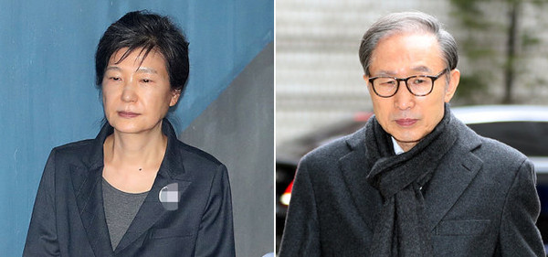 Former Presidents Park Geun-hye (left) and Lee Myung-bak