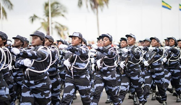 Members of the Gabonese Women’s Army Corps marching in a review ceremony.