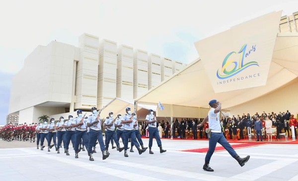 Gabonese honor guards in a parade in front of President Omar Bongo and the First Lady of Gabon on the occasion of the Independence Day of Gabon.