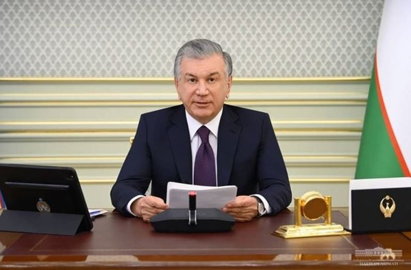 President Shavkat Mirziyoyev of the Republic of Uzbekistan speaks at an extraordinary meeting of the Supreme Eurasian Economic Council via video conference on Oct. 14, 2021. 