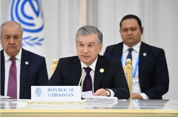 President of the Republic of Uzbekistan Shavkat Mirziyoyev (center) addresses the ECO summit, Ashgabat, November 28.