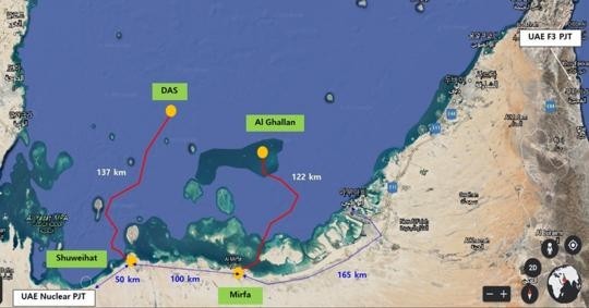 UAE 초고압직류송전(HVDC) 해저송전망 위치도