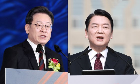 The Presidential candidate Lee Jae-myung of the Democratic Party (left) and the Presidential candidate Ahn Cheol-soo of the People Party