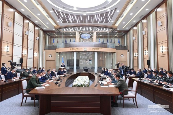 At the National Defense Control Center President of the Republic of Uzbekistan Shavkat Mirziyoyev is addressing an enlarged meeting of the Security Council. On January 13. 2022, Tashkent.
