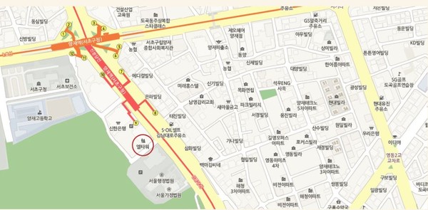 Location map of the EL Tower Building, Yangjae-dong, Seocho-gu, Seoul. The Building is shown by a red circle.