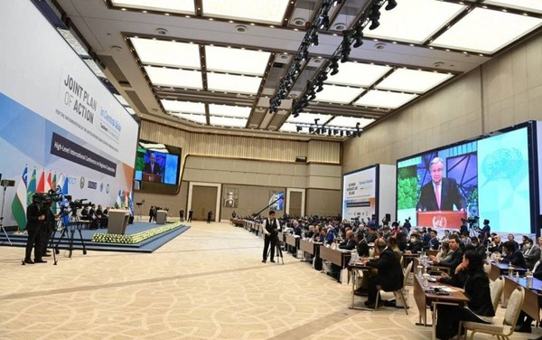 UN Secretary General António Guterres addresses the Tashkent International Conference online on March 3.