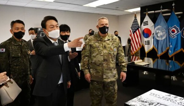 President-elect Yoon Suk-yeol visits the USFK base (Camp Humphreys) in Pyeongtaek, Gyeonggi Province and talks with USFK commander Paul Lacamera on April 7, emphasizing iron-tough alliance between the two countries.
