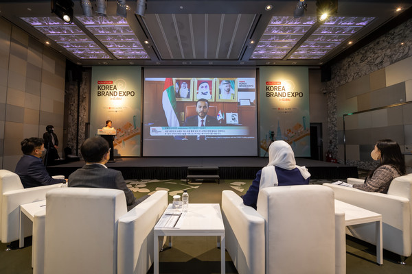 Amb. Abdulla Saif Al Nuaimi of UAE in Seoul delivers a speech via a video clip at the Korea Brand Expo in Dubai on March 25, 2022.