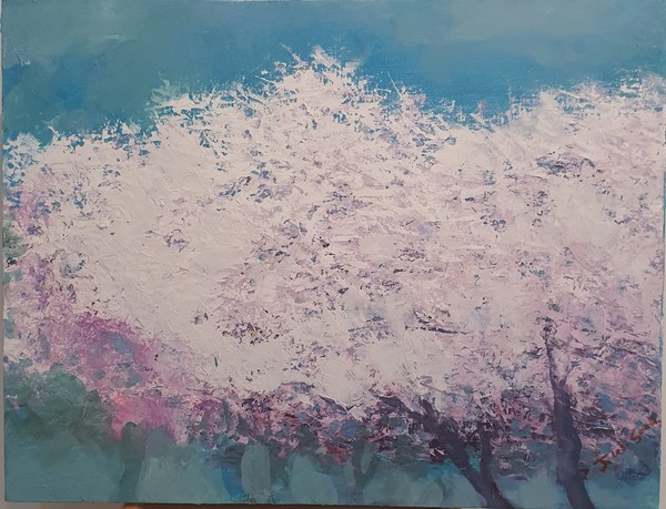 Representative work of Artist Cho Woo-sook expressing cherry blossoms