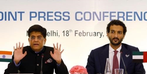 After India and the United Arab Emirates (UAE) signed a trade and investment agreement on Feb. 19, 2022, India's Minister of Commerce and Industry Piyush Goyal (left) and UAE Economy Minister Abdullah bin Tuk al-Marie hold a press conference.