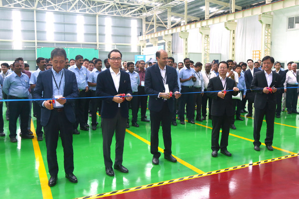 Hyundai General Trading holds a tape cutting ceremony after completing the expansion construction to double the steel processing capacity of Pos Hyundai, India's steel coil center, on Dec. 11, 2019.