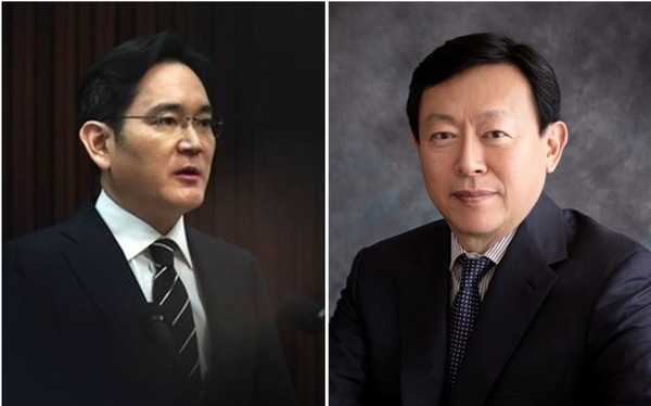 Samsung Electronics Vice Chairman Lee Jae-yong (left) and Lotte Group Chairman Shin Dong-bin