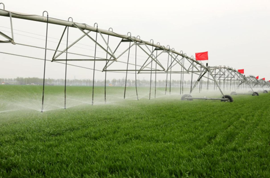 A 500-meter-long self-propelled truss sprinkler irrigates a wheat field in Lique township, Guangrao county, Dongying city, east China’s Shandong province, April 11, 2022. (Photo by Zhou Guangxue/People’s Daily Online)