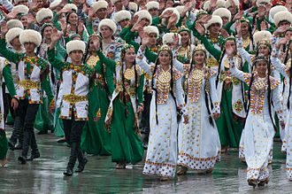 Turkmens in folk costume at the 20th Independence Day parade, 2011.